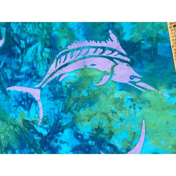 Vintage Straight Down Shirt Mens XL Green Blue Tie Dye Abstract Sword Fish - Picture 7 of 9